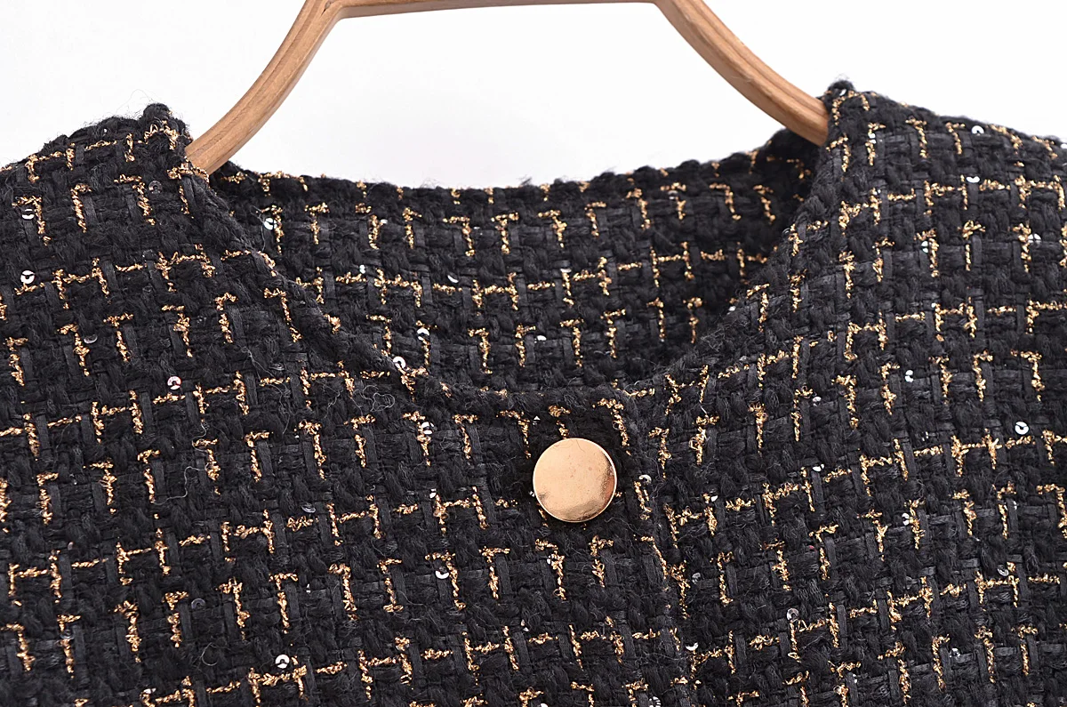 French Retro Women Black Weave Gold Line Tweed Blazer High Waist Center Buttons Back Zipper Mini Skirt Set Suits 2 pieces 1 set