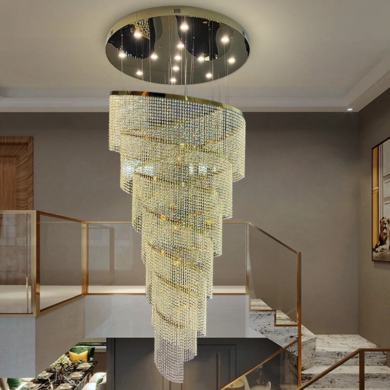 

Creative Crystal Staircase Chandelier Modern Spiral Design Lamp Led Luxury Round Lighting Fixture New Round Gold Chrome Lustre