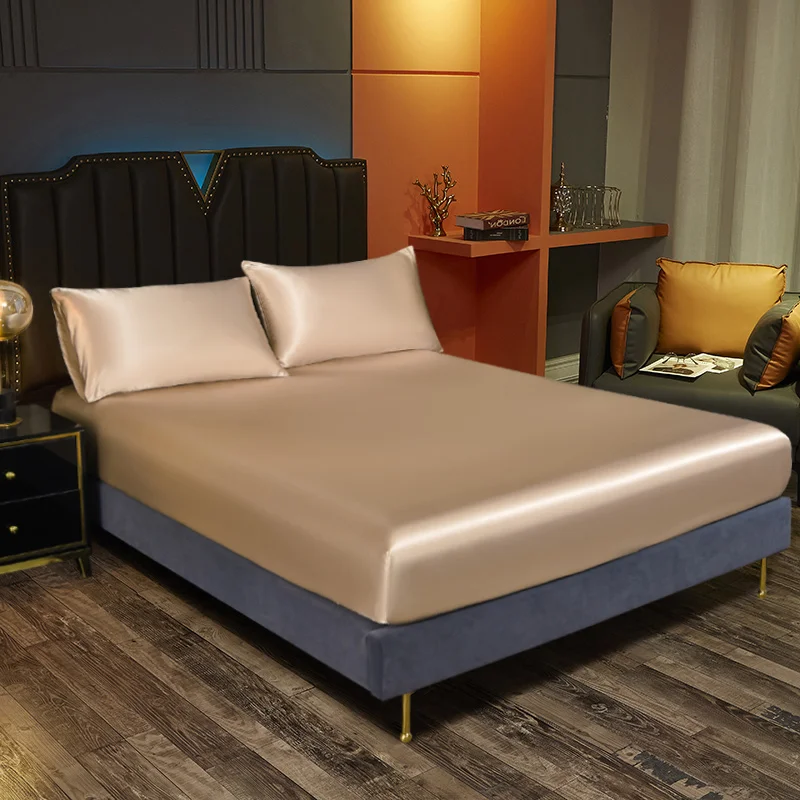 3pcs Satin Solid Color Bedding Set Fitted Sheet Pair Of Pillowcases Without Flat Sheet silk bedding set