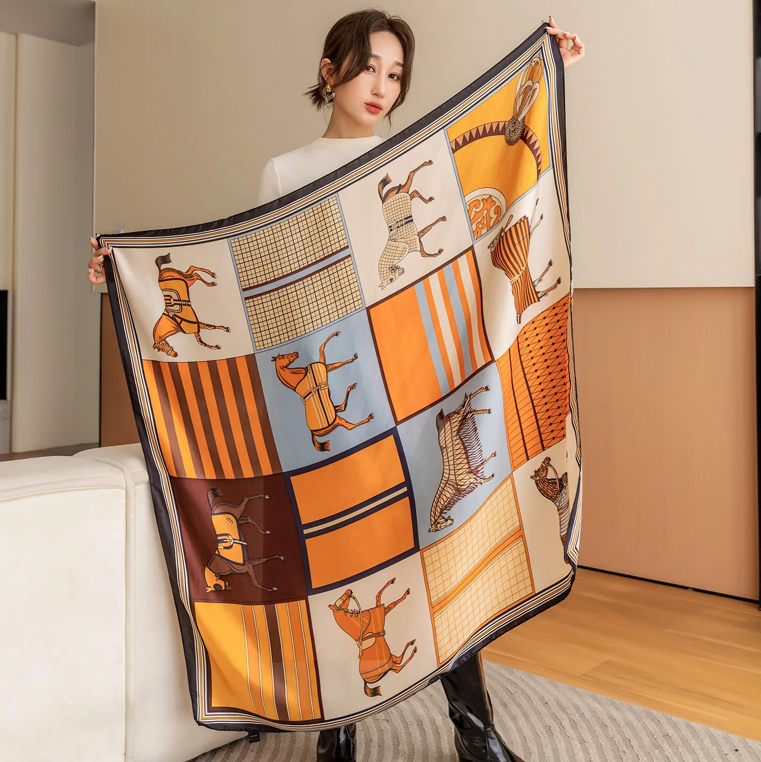 110*110cm New Lijin Forge Large Square Scarf Women's Fashion Printed Silk Scarf Travel Beach Sun Protection Shawl Headscarf