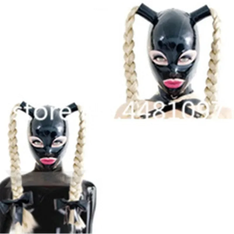 

100% Latex Mask Rubber Unisex Hood with Pigtails 2 Braid Wigs Headgear Customized XS-XXL