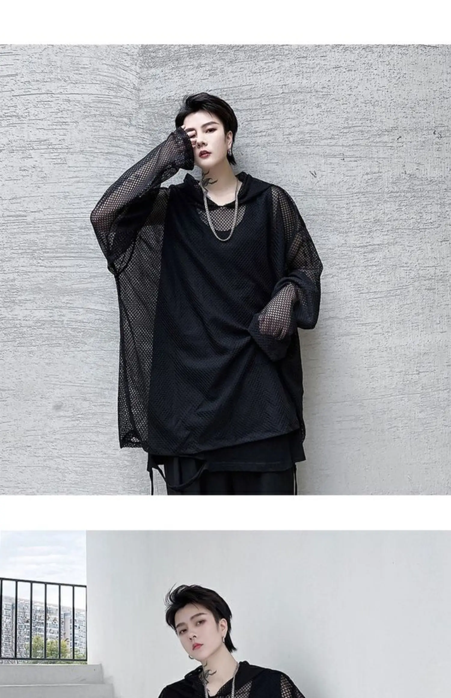 2024 Summer Dark Hollowed Out Mesh Hoodies T-shirt For Men Women Long Sleeves Loose Hooded Mesh Transparent Shirts