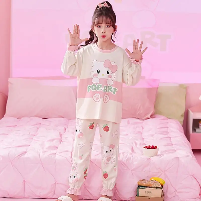 

Sanrio Kawaii Hello Kitty Loungewear New Spring Cartoon Kuromi Kids Long Sleeve Crew Neck Pajamas Cute Sweet Girls Clothing Gift