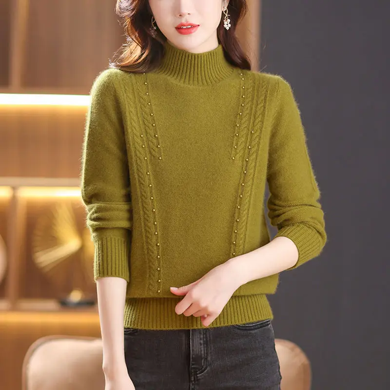 Fashion Vintage Women Solid Turtleneck Warm Sweater Spring Autumn Beaded Long Sleeve Versatile Loose Casual Knit Pullovers Tops - AliExpress