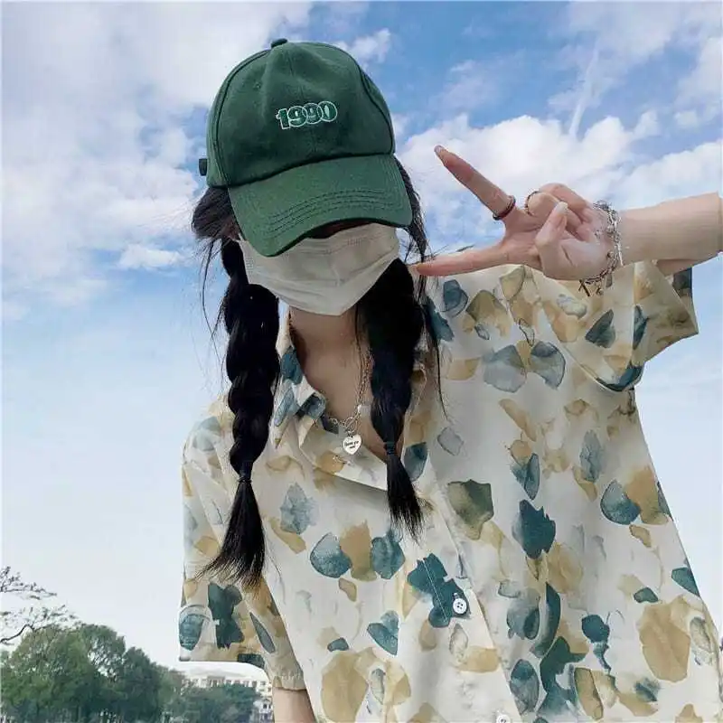 Summer Elegant Fashion Harajuku Slim Fit Female Clothes Loose All Match Casual Tops Women Printed POLO Collar Short Sleeve Blusa