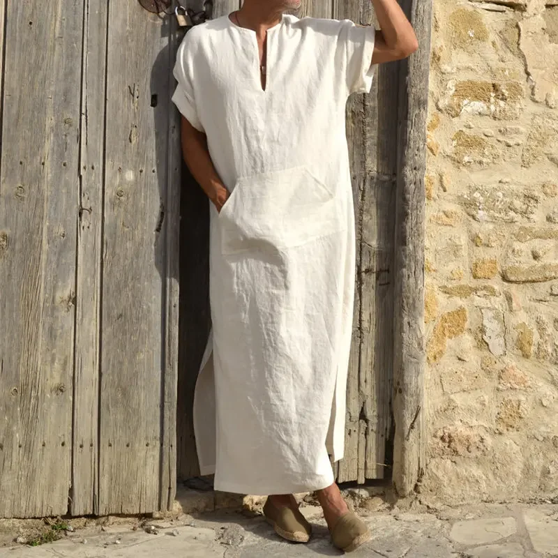 Men Robes Kaftan Muslim Arab Islamic V-neck Short Sleeve Solid CottonThobe Vintage Loungewear Plus Size Arabia Man abaya