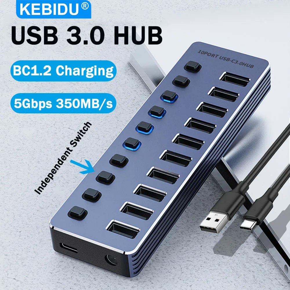 High-Speed 7-Port USB 3.0 Hub with Independent Switches and 12V Power Adapter