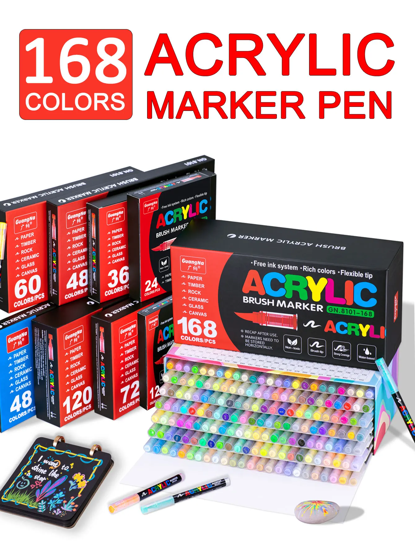 thumbnail image 2 of 168 Color Acrylic Paint Marker Set - Brush Tip, Water-Based, For Rocks, Canvas, Wood, Glass, DIY Crafts 2 of 12