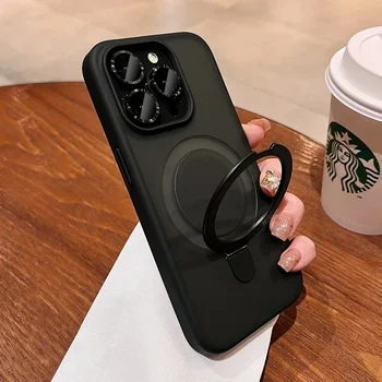 Matte Ring Holder Glass Lens Phone Case For iPhone 16 17 15 14 13 12 11 Pro Max For Magsafe Wireless Magnetic Hard Bumper Cover 1