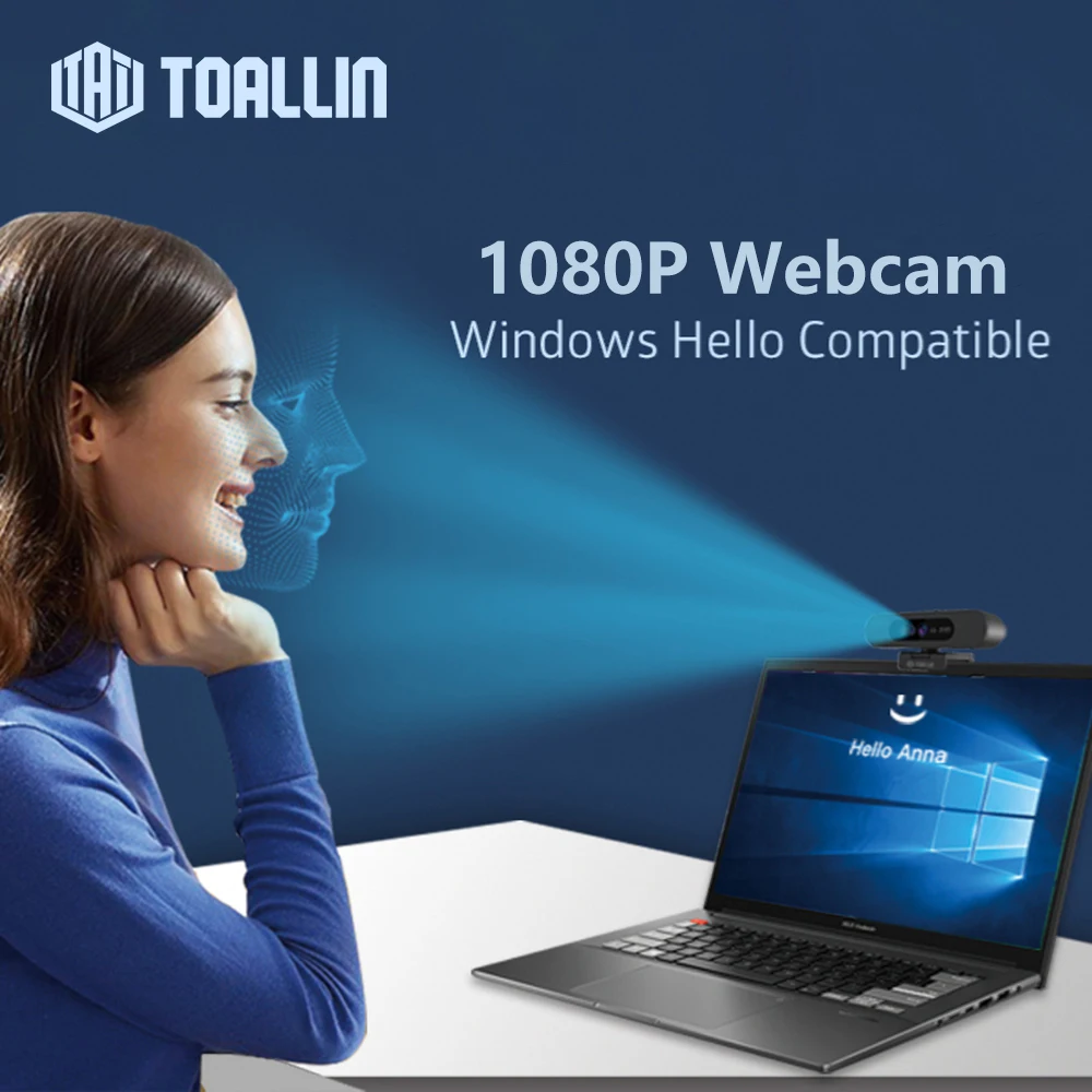 TOALLIN 1080P Webcam Windows Hello Facial Recognition Login PC Camera Microphone Streaming Web Camera YouTube