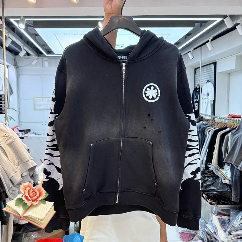 GrisnoirsolideperduShdwstrouendommagésweatàcapucheavecfermetureéclairhommesfemmes1:1classiqueflammefleursweatslavépullsàcapuche-AliExpress200000343