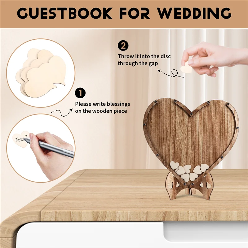 A13U Wedding Guestbook Heart-Shaped Bracket Pastoral Wedding Storage Box Birthday Message Sign-In Table