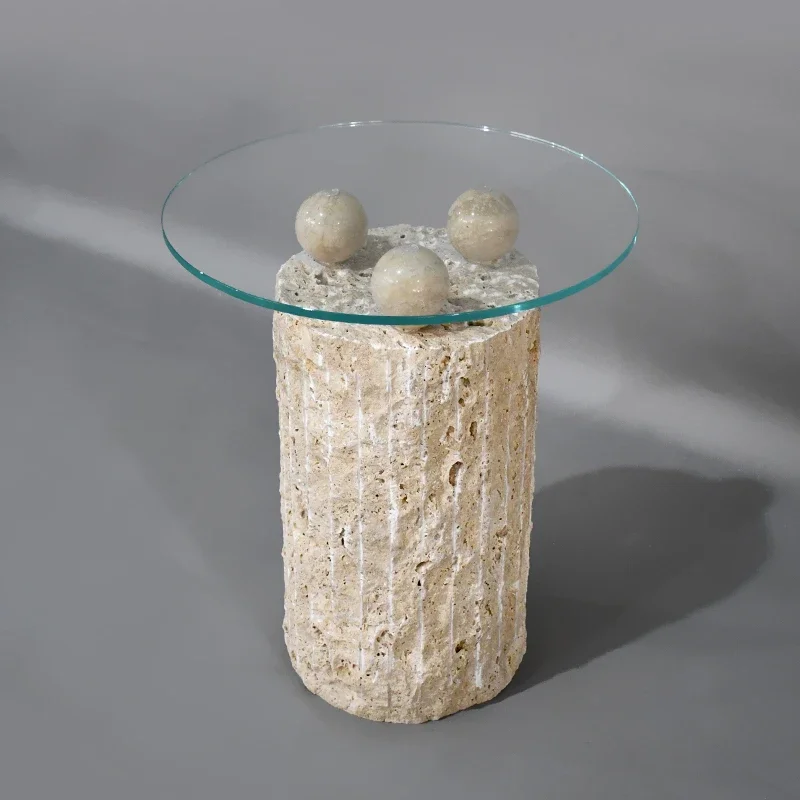 Modern Nordic Style Living Room Furniture Hallway Round Stone Travertine Side Table Glass Table Coffee