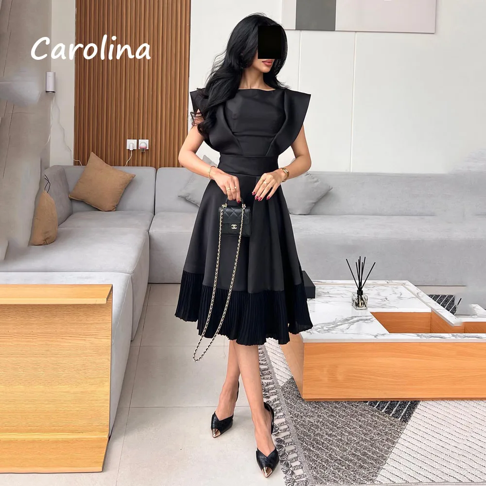 

Carolina Black O-Neck Satin A-LINE Prom Gowns 2024 High Quality Slim Pleat Short Sleeve Tea-Length Formal Evening Dress