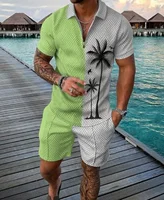 Fashion Summer Men's Tracksuit Short Sleeve Polo Shirt Set Coconut Tree 3D Print Clothing 2 Pieces Casual Suit Streetwear Outfit 2