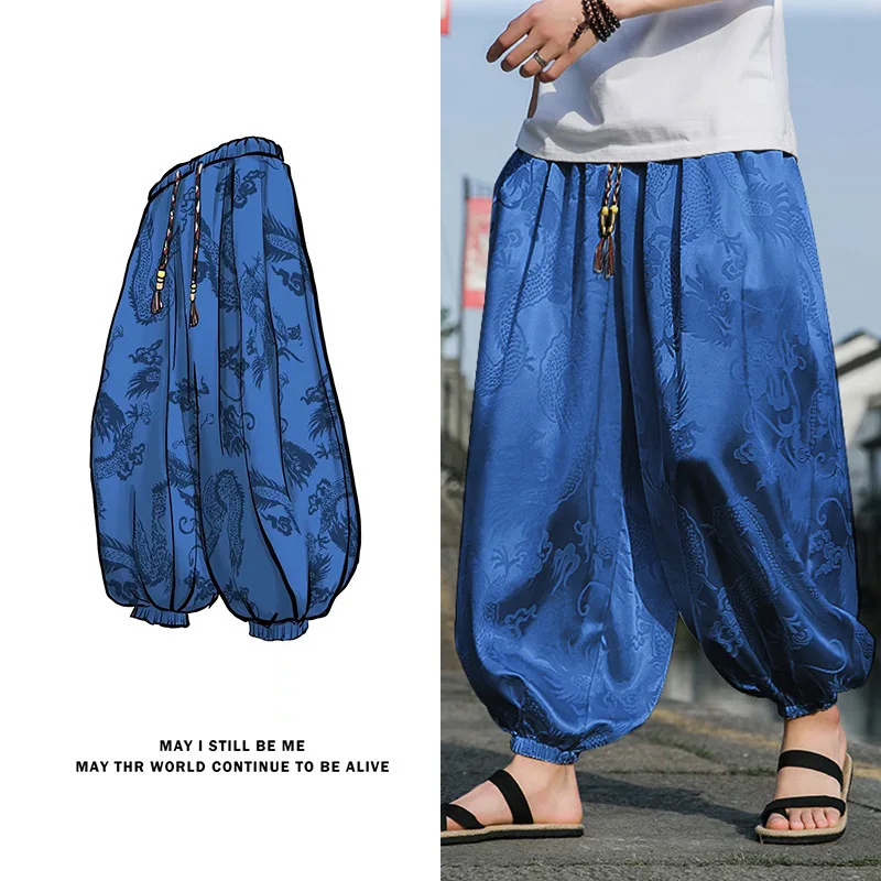 FGKKS 2023 Outdoor Brand Pants For Men Lce Silk Dragon Dark Flower Loose Bloomers High Quality Wide Leg Casual Trousers Male Best Sellers In Men's Clothing