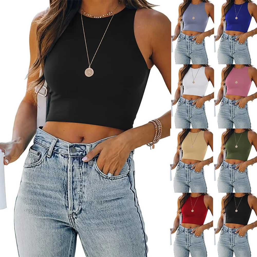 

Women's Shirt Summer New Fashion Casual Sleeveless Round Neck Short Section Solid Color Tank Top T-shirt Female