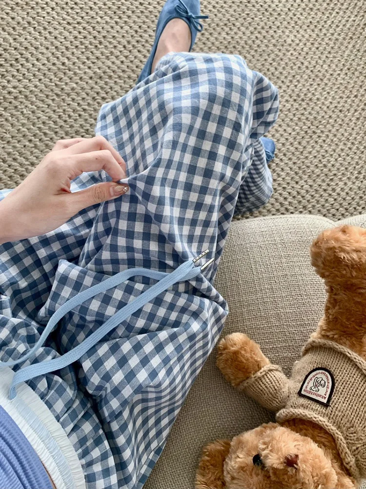 Women Wide leg Plaid Pants Summer Elastic Waist Stright Long Loose Pants Casual Female Soft Pants Basic Long Trousers