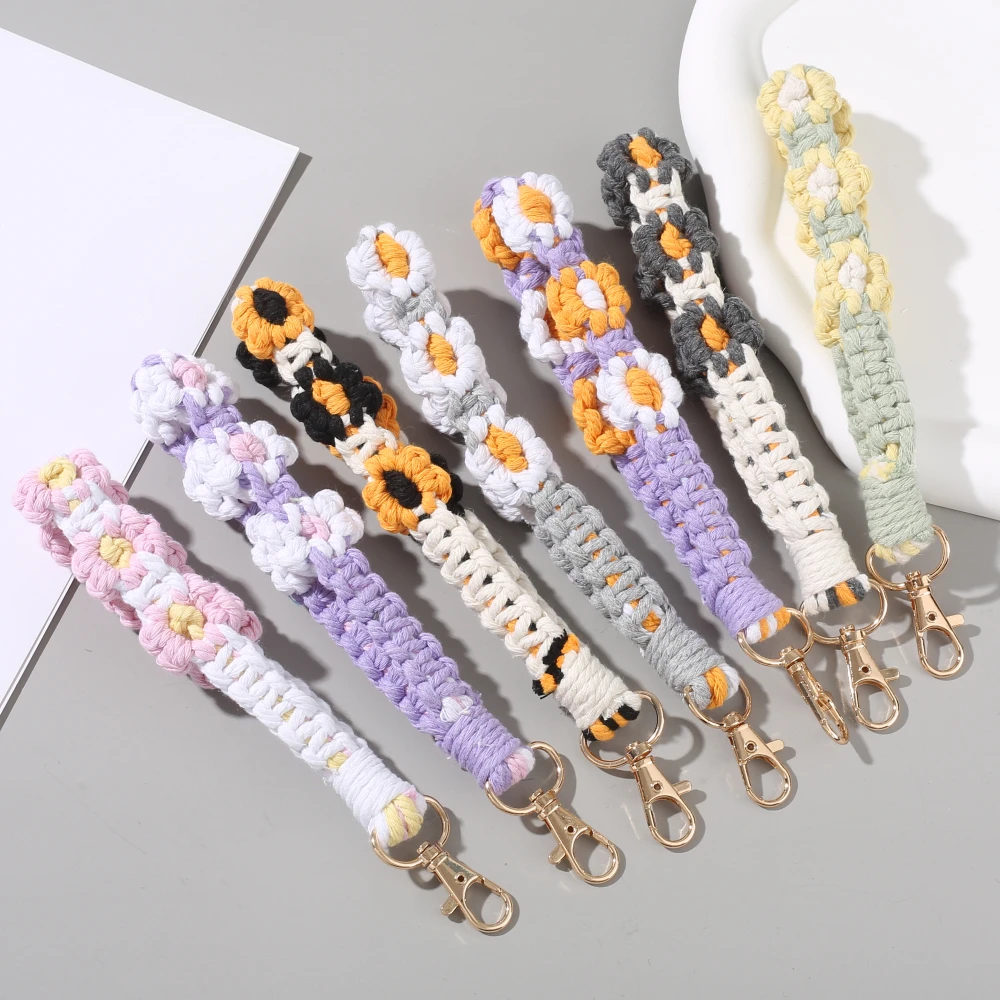 수제 짠 꽃 코튼 팔찌 키 체인, 금속 랍스터 걸쇠 키링, 자동차 키 펜던트 쥬얼리 액세서리, 여성 선물