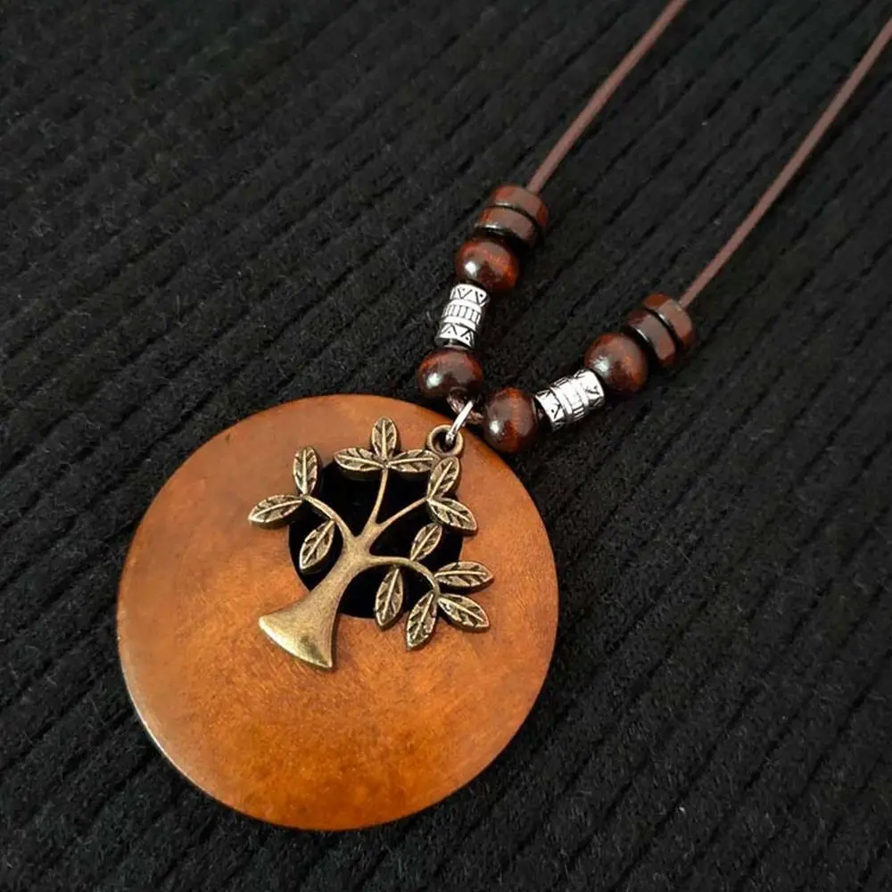 Retro etnico maglione catena rotonda foglia di legno gufo collana lunga donna Vintage orologio ciondolo collo femminile gioielli regali collare  36