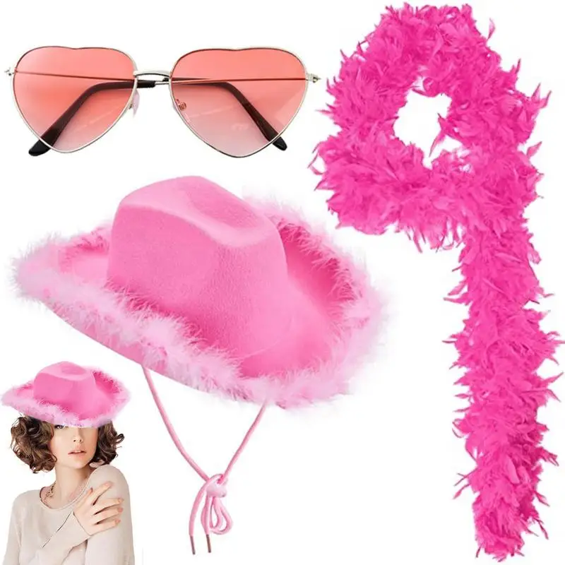 

Pink West Cowgirl Hats Halloween Women Cowgirl Furry Trim Fluffy Cowboy Hat with Furry Trim Feathers Sunglasses for Dating party