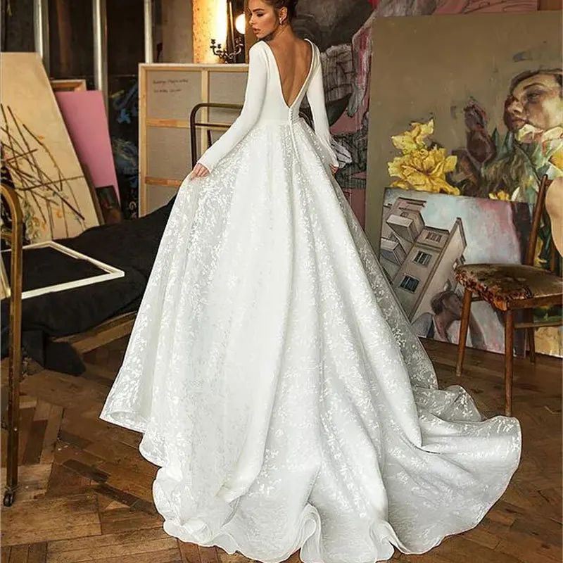 Elegant V-Neck Court Train Wedding Dress Lace A-Line Bridal Gown customized 2