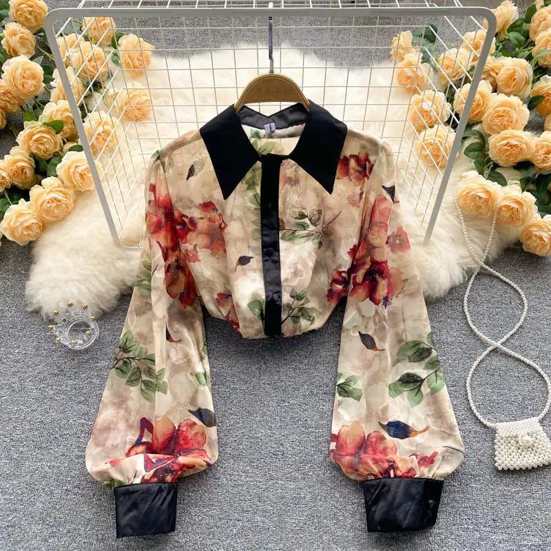 Vintage Floral Patchwork Printed Shirt Commute Turn-down Collar Female Clothing Single-breasted Spring Autumn Straight Blouse