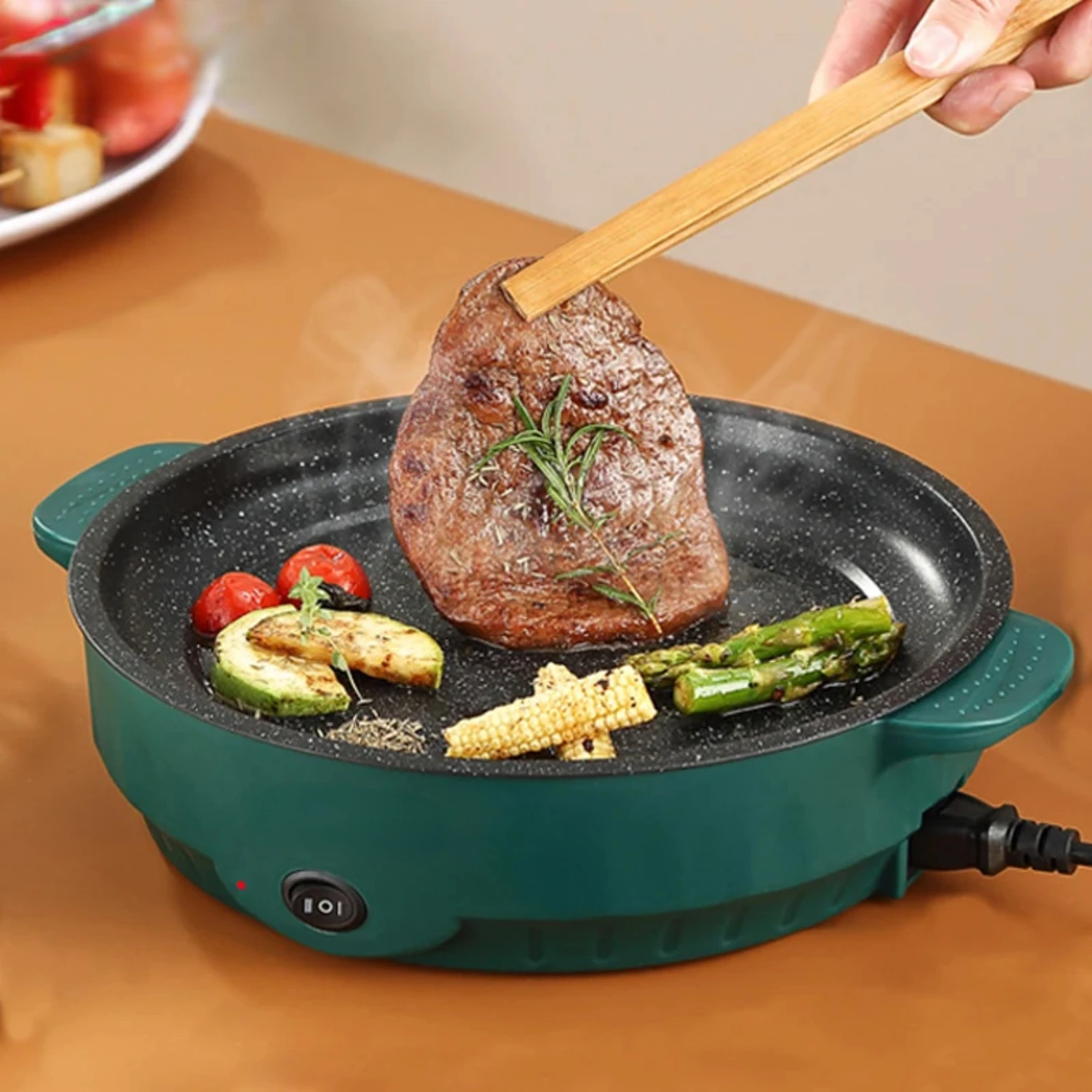Versatile Non-Stick 220V Household MultiCooker and Barbecue Frying Pan-Ideal for Cooking Perfectly Grilled Steak, Crispy Fish,