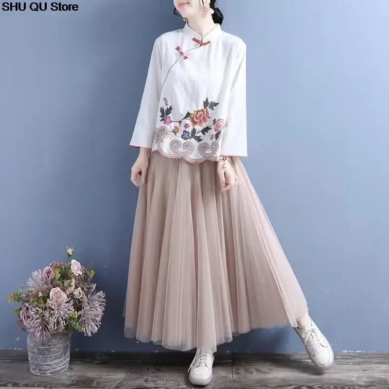 Chinese Style Embroidered Cotton Linen Shirts Spring Summer Retro Buttoned Long-sleeved Stand-up Collar Clothes Loose Tops