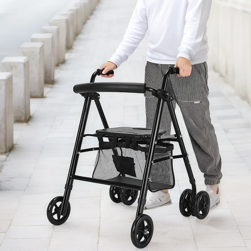 Foldable Walkesr with Seat & Adjustable Height-Mobility Aids Push Cart for Elderly,Portable Assistive Walking Support Rollator