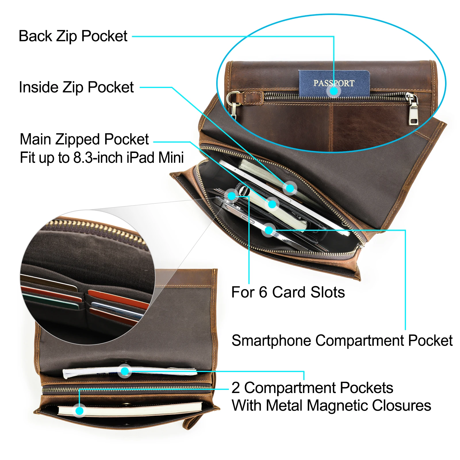 Bolsa De Mano Para Hombre Bolso Cruzado Antirrobo De Cuero Genuino