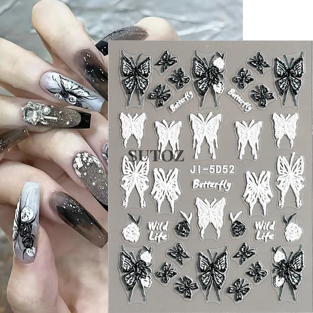 5D Embossed Black White Butterfly Nail Art Stickers Elegant Wedding Design Nail Decals Summer DIY Manicure Decoration NTJI-5D52