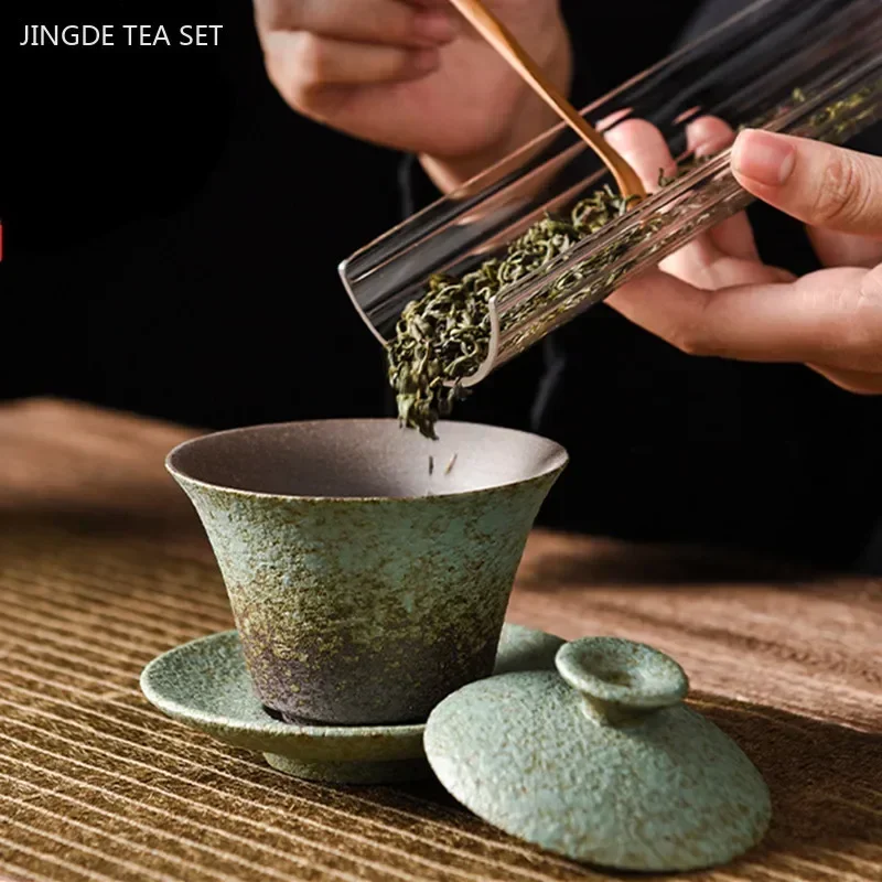 180ML Retro Coarse Pottery Three Gaiwan Household Kiln Change Ceramic Teacup Portable Beauty Tea Bowl Traditional Tea Set