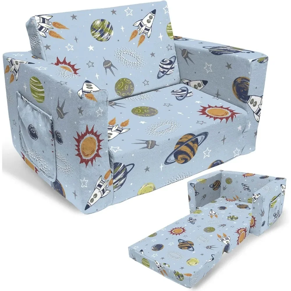 Kids Sofa Couch,Toddler Children 2-in-1 Convertible Sofa to Lounger, Comfy Flip-Out Couch/Sleeper, Rocket Outer Space Chair 5