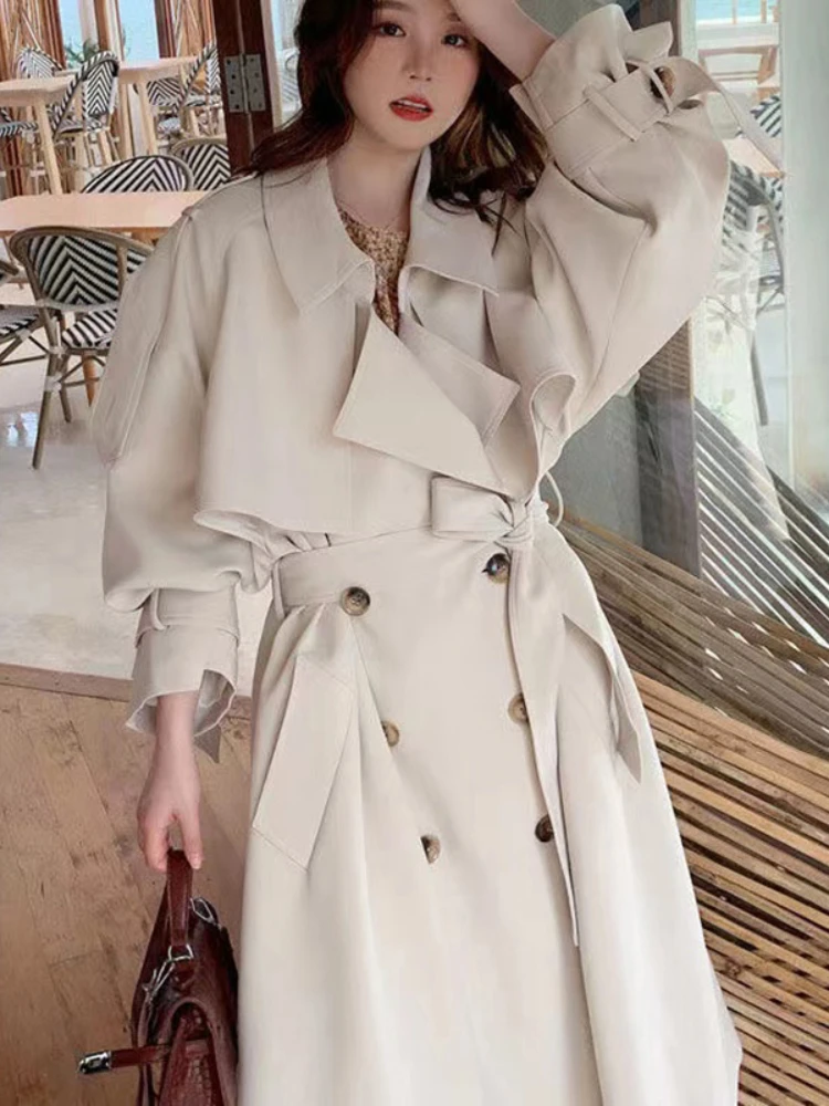 

Korea Loose Oversize Double-Breasted Long Trench Coat Women White Black Duster Coat Windbreaker Lady Outerwear Autumn Clothes