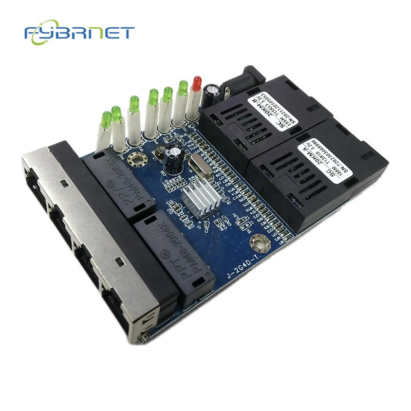 10/100M 20KM PCBA Board Fiber Optic Media Converter 2 Fiber Port 4 RJ45 Port Single Mode simplex SC Optical fast Fiber Switch