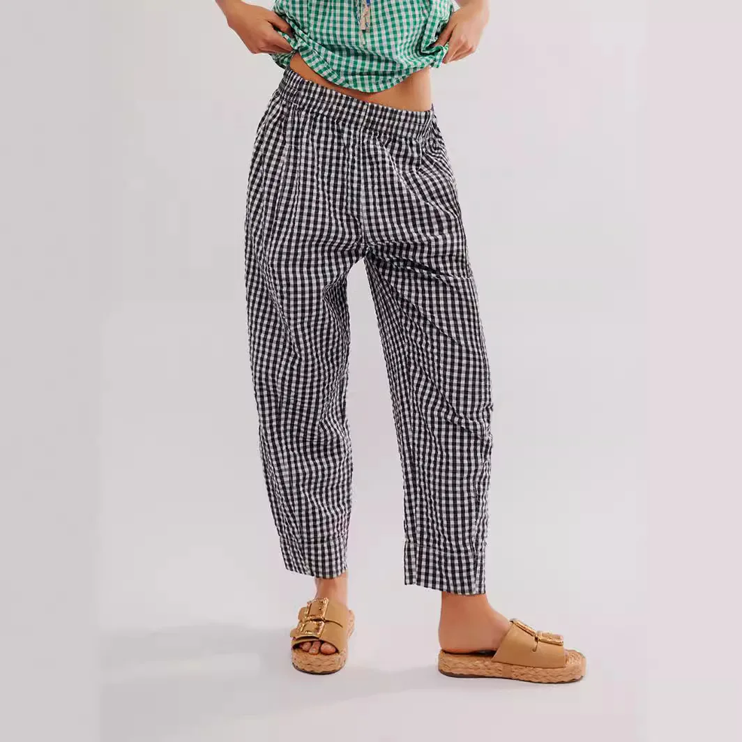 Women's Plaid Yarn-dyed Cotton Casual Pants Preppy Bubble Plaid Pants