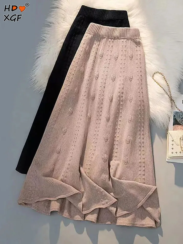 

Elegant Jacquard Weave Pleated Long Skirts For Women Winter Elastic High Waist A-line Knitted Skirt Casual Plus Size Warm Skirts