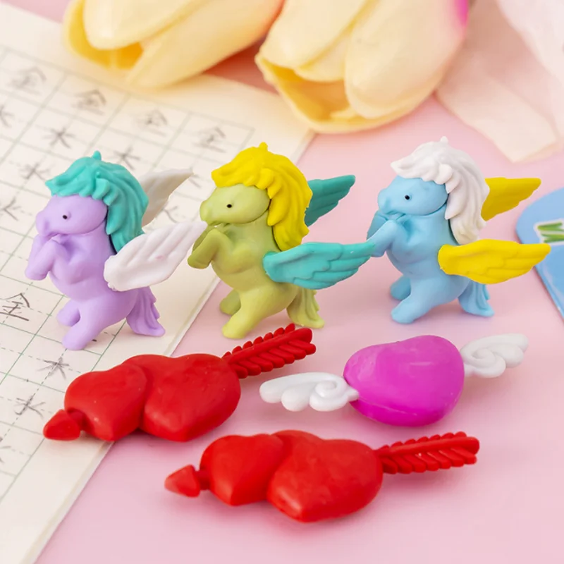 귀여운 러브 플라잉 호스 유니콘 고무 연필 지우개, 학생 경품 문구류, 학교 용품, 귀여운 문구 지우개 세트