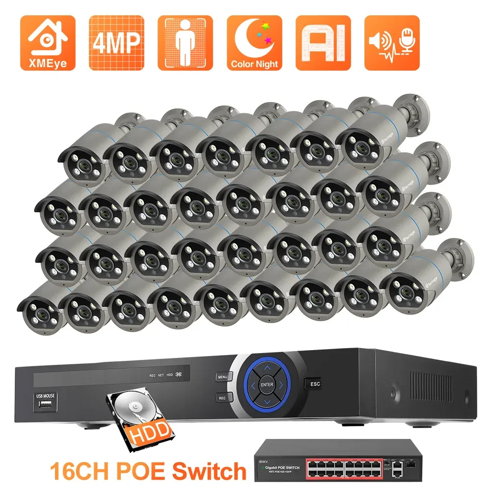Techage 32CH 4MP POE Camera System Smart AI Human Face Detection Two-way Audio Colorful Night Vision CCTV Video Surveillance Set