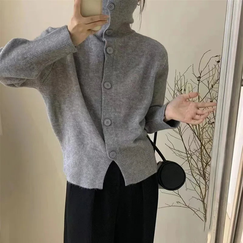 

2023 Autumn Winter New Solid Color Buttons Turtleneck Sweater Simple Temperament Coat Top Bottoming Women's Knitted Cardigan