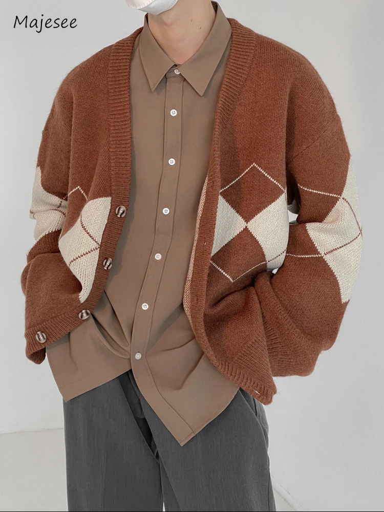 

Cardigans Men Leisure Loose V-neck Argyle Korean Style Teenagers Panelled Knitting Single Breasted Handsome Autumn Streetwear