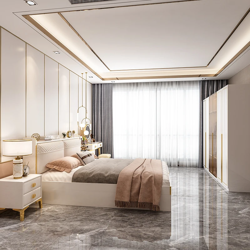 Light Luxury Bed King /Queen Size Frame Off-White Bedroom Furniture Set Home Furniture Double Bed