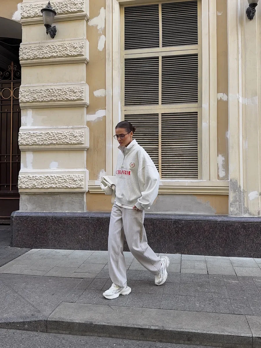 European Retro Badge Letter Printed Half-Zip Lapel Sweater Y2K Fashion Personality Casual Simple Style Sports Women's Streetwear