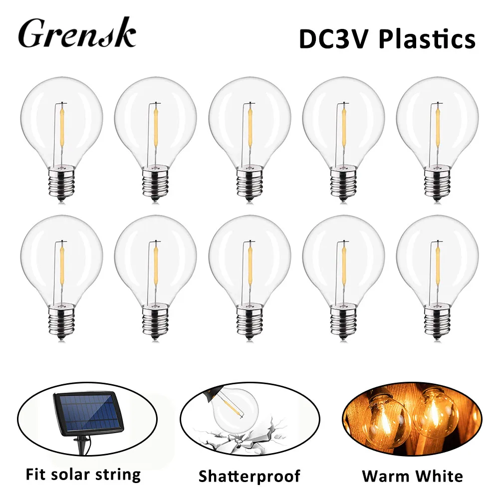 Lâmpadas de substituição de plástico para Solar String Lights, E12 Parafuso Sockets, Lâmpada LED decorativa Shatterproof, RV Camper Iluminação, G40 DC3V