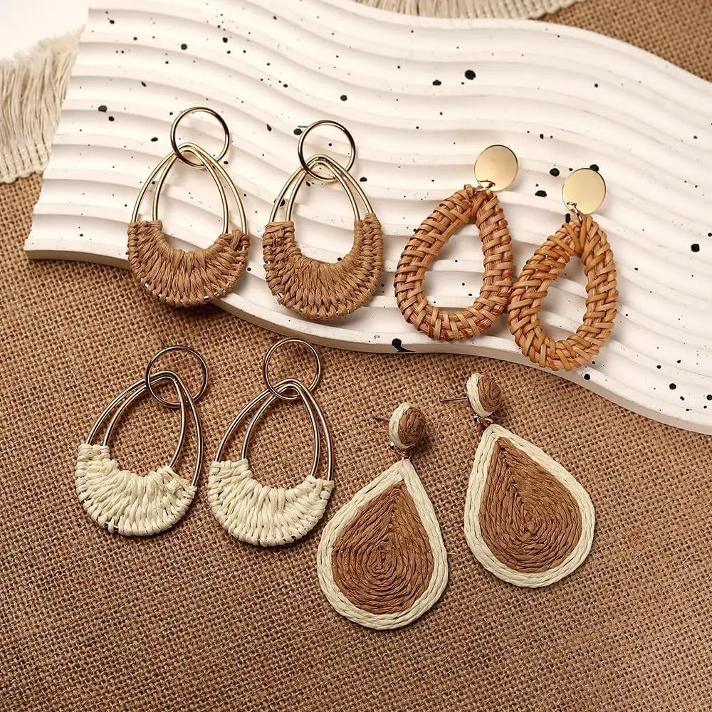 4 paia di orecchini a perno in rattan, Orecchini in Rattan per Donna, stile bohémien, orecchini da appendere, Pendenti in Rattan,leggeri, geometrici, Regalo Per Donne e Ragazze