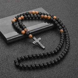Men's Long Chain Cross Necklace with Matte Black Agate and Wooden Beads - Fashionable Minimalist Design - 8mm cross man hematite