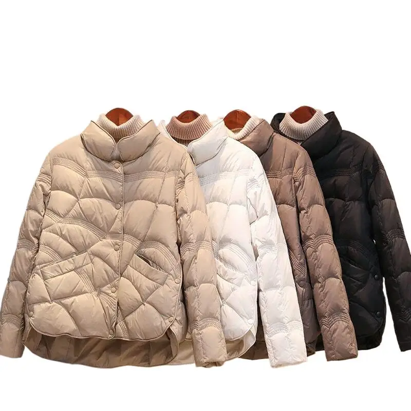 

Autumn Winter Girlish New Stand Collar Ultra Light Down Jackets Wave Embossing High Quality Cozy Warm Pockets Solid Overcoats