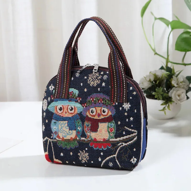 Butterfly Embroidery Top Handle Bag Small Phone Storage Purse Women's Woven Handbag With Zipper Canvas Handbag