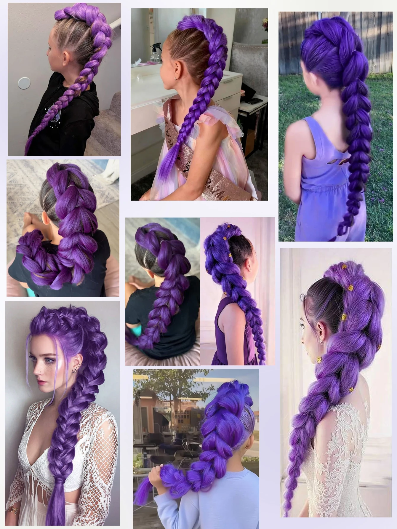 26인치 어린이용 땋은 머리 포니테일 연장 가발, 코스프레용 긴 로즈 레드 땋은 머리, 어린이 크리스마스 파티용 퍼플 가발